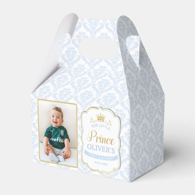 Little Prince Blue Royal 1st First Birthday Photo Favor Boxes (Front Side)