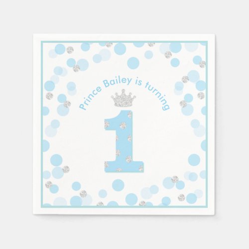 Little Prince Blue Silver 1st Birthday Party Napkins