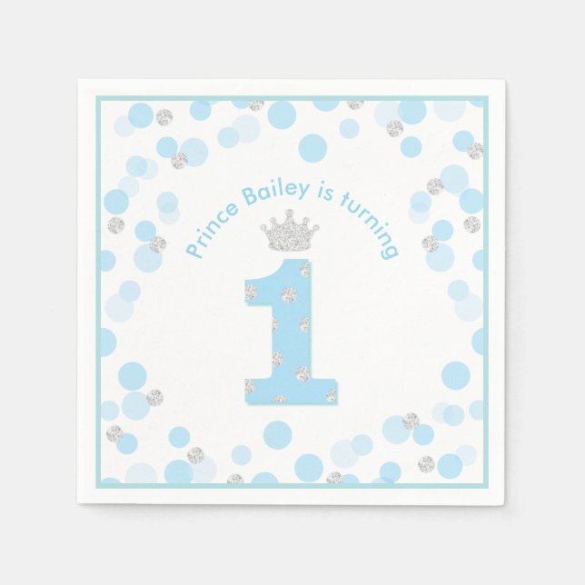 Little Prince Blue Silver 1st Birthday Party Napkins (Front)