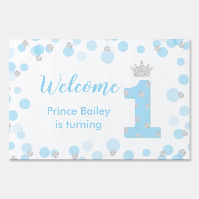 Little Prince Blue Silver 1st Birthday Party Yard Sign (Front)