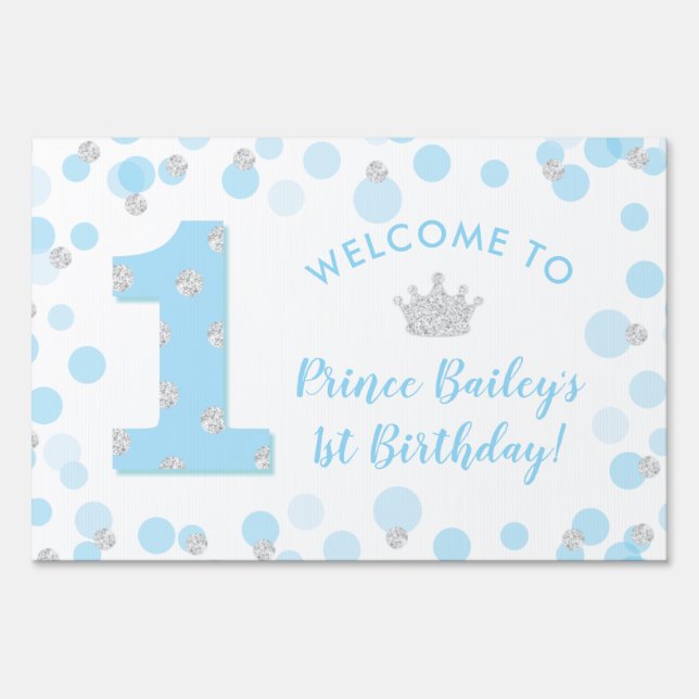 Little Prince Blue Silver 1st Birthday Welcome Sign (Front)