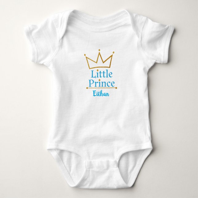 Little Prince Blue text and Gold Crown Baby Bodysuit (Front)
