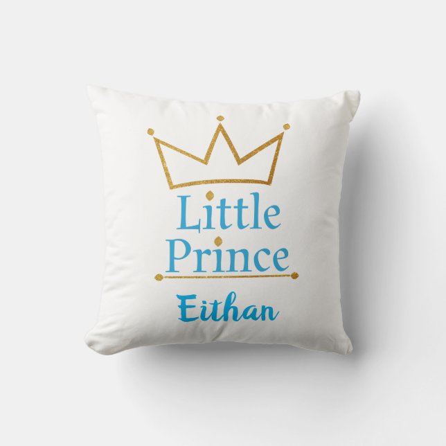 Little Prince Blue text and Gold Crown Throw Pillow (Front)