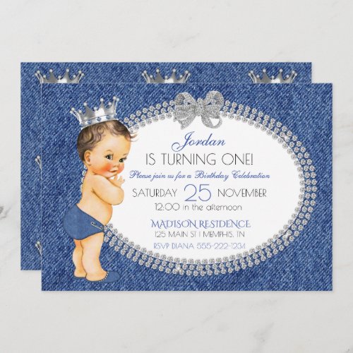 Little Prince Denim  Diamonds Crown Diaper Invitation