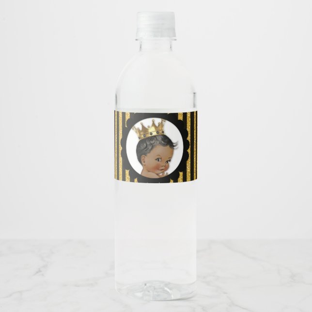 Little Prince Ethnic Crown Black & Gold Water Bottle Label (Front)