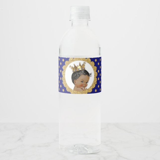 Little Prince Ethnic Crown Royal Blue Gold Water Bottle Label (Front)
