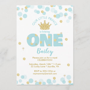 Little Prince First Birthday Blue Gold Invitation