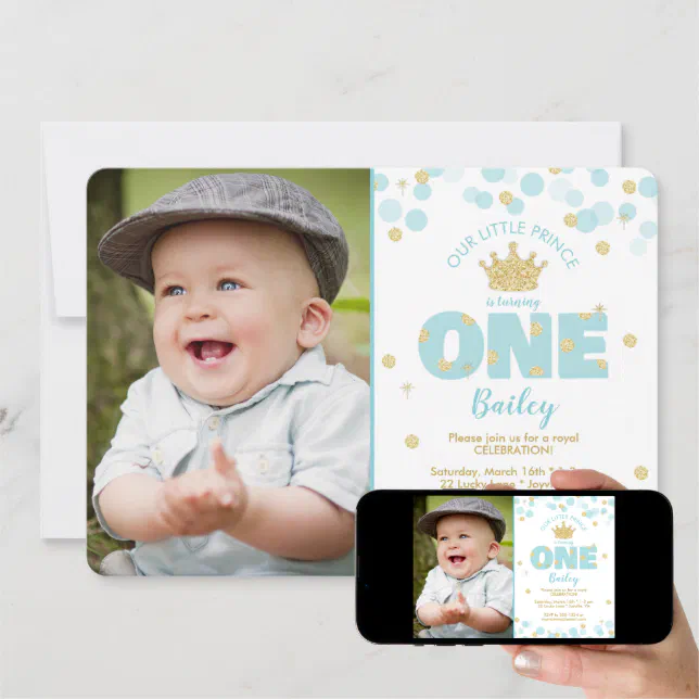 Little Prince First Birthday Blue Gold Photo Invitation | Zazzle