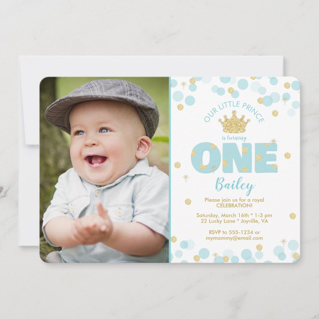 Little Prince First Birthday Blue Gold Photo Invitation | Zazzle