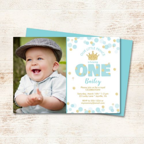 Little Prince First Birthday Blue Gold Photo Invitation