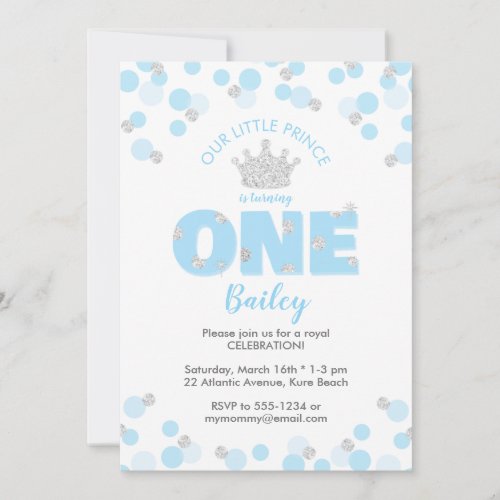 Little Prince First Birthday Light Blue Silver Invitation