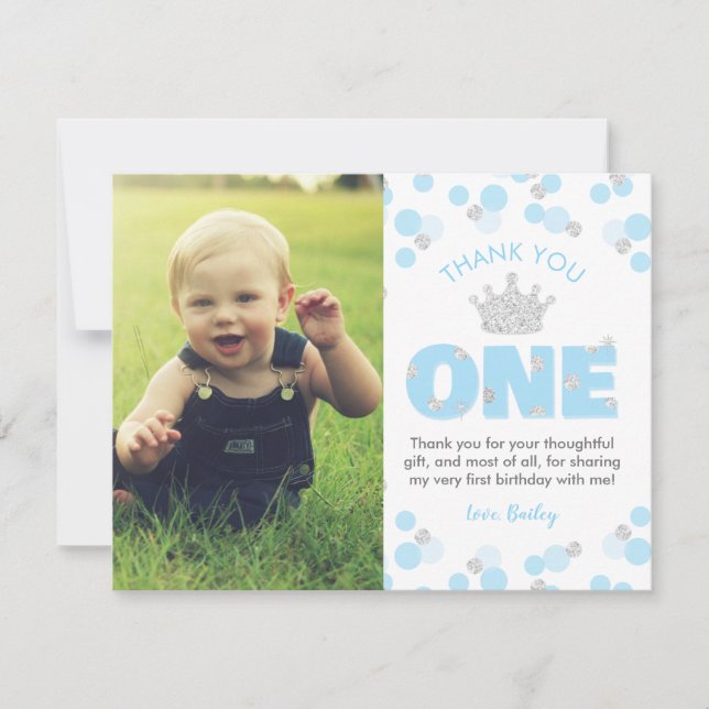Little Prince First Birthday Light Blue Silver Thank You Card (Front)