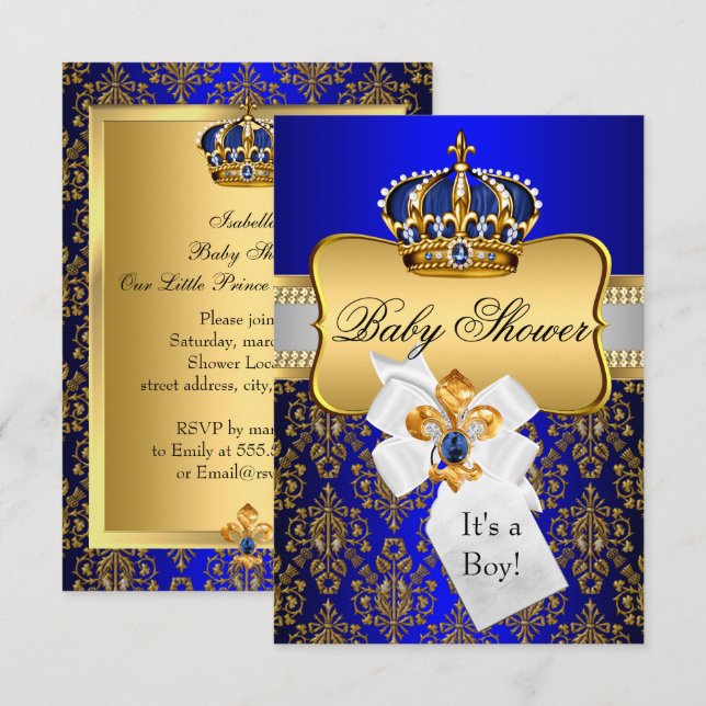 Little Prince Gold Blue Crown Baby Shower Invite (Front/Back)