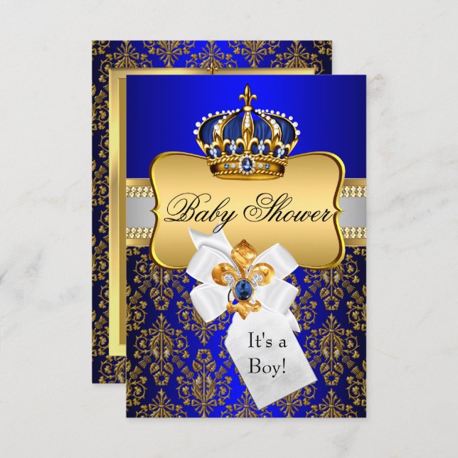 Little Prince Gold Blue Crown Baby Shower Invite (Front/Back)