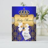 Little Prince Gold Blue Crown Baby Shower Invite (Standing Front)