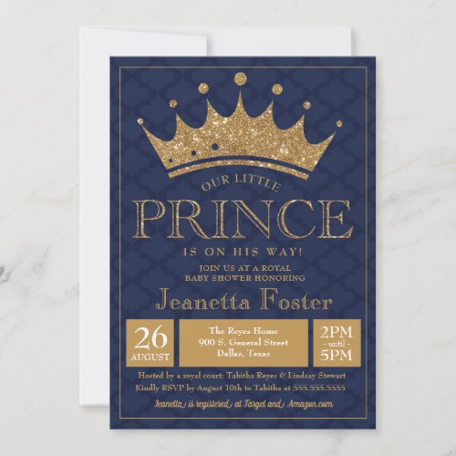 Little Prince Gold Crown Baby Shower Invitation