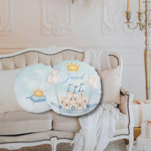Little Prince gold crown Watercolor castle blue Round Pillow