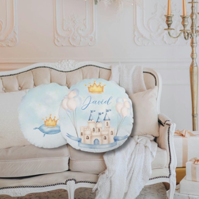 Little Prince gold crown Watercolor castle blue Round Pillow (Creator Uploaded)