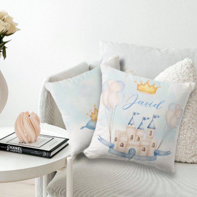 Little Prince gold crown Watercolor castle blue Throw Pillow (Creator Uploaded)