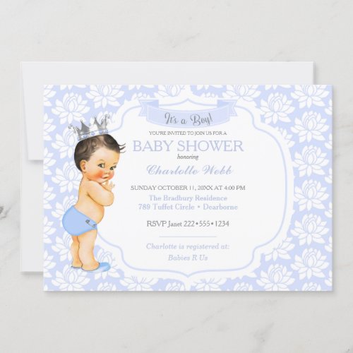 Little Prince Light Blue Silver Baby Boy Invitation