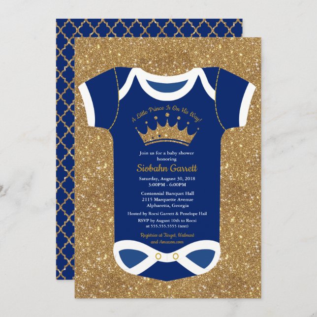 Little Prince Navy Blue & Royal Gold Baby Shower Invitation (Front/Back)