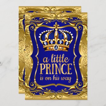 Little Prince On His Way Baby Shower Gold Blue Invitation by VintageBabyShop at Zazzle