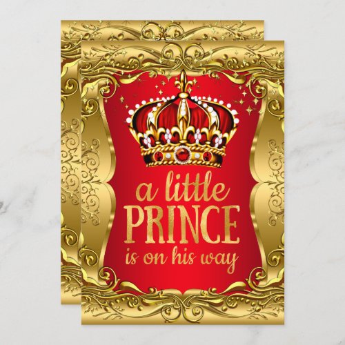 Little Prince on his way Baby Shower Gold Red Invitation