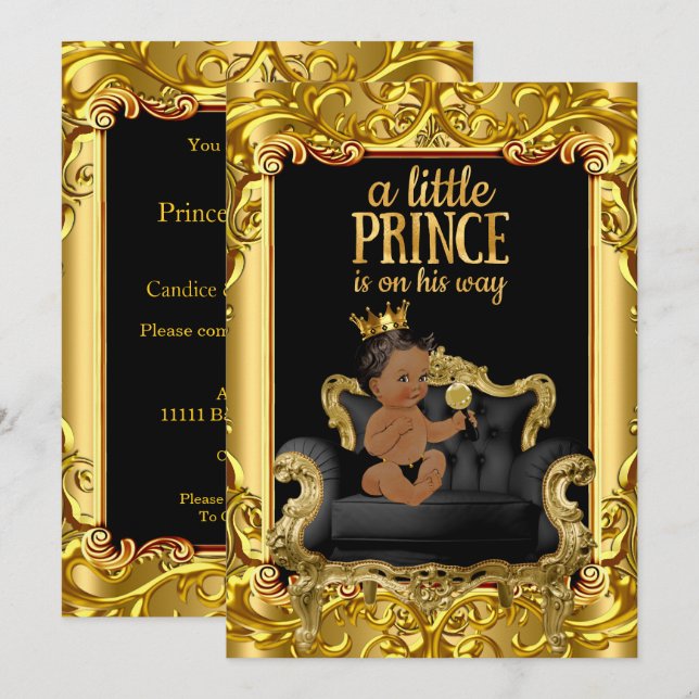 Little Prince on Throne Baby Shower Ethnic Invitation (Front/Back)