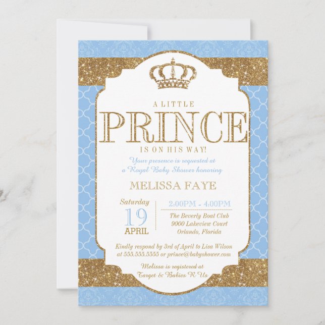 Little Prince Royal Baby Blue Gold Baby Shower Invitation (Front)