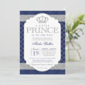 Little Prince Royal Blue and Silver Baby Shower Invitation (Standing Front)