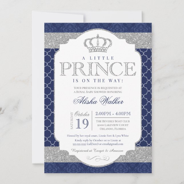 Little Prince Royal Blue and Silver Baby Shower Invitation (Front)