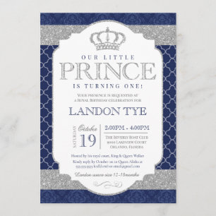 Little Prince Royal Blue and Silver Boys Birthday Invitation
