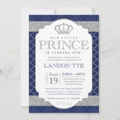 Little Prince Royal Blue and Silver Boys Birthday Invitation