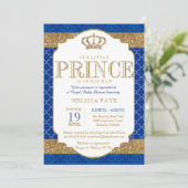 Little Prince Royal Blue Gold Baby Shower Invitation (Standing Front)
