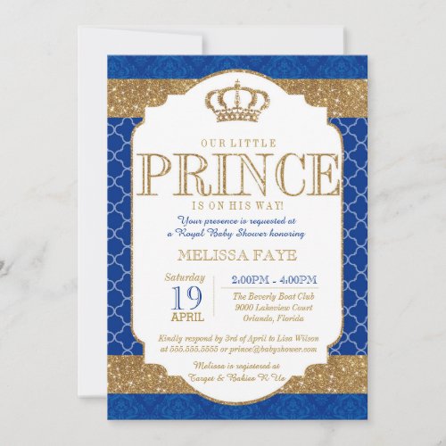 Little Prince Royal Blue Gold Baby Shower Invitation