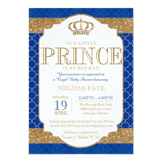 Little Prince Royal Blue Gold Baby Shower Invitation Zazzle Com