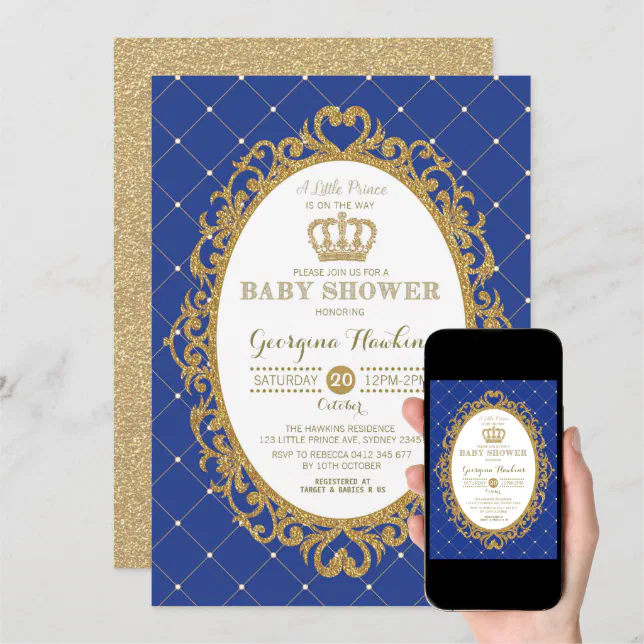 Royal Prince Baby Shower Invitation Blue and Gold Little 