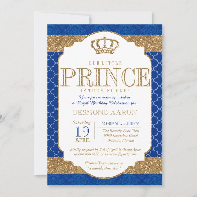 Little Prince Royal Blue Gold Birthday or Shower Invitation (Front)