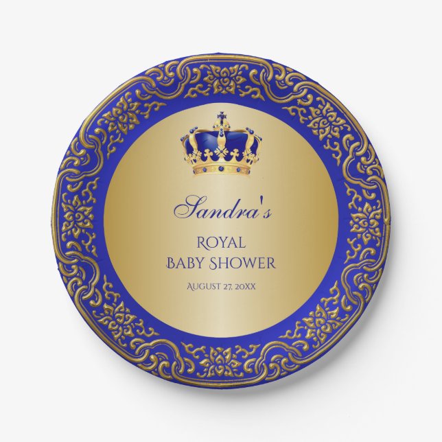 Little Prince Royal Blue Gold Crown Paper Plates (Front)