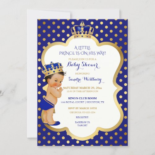 Little Prince Royal Blue  Gold Dot Crown Invitation
