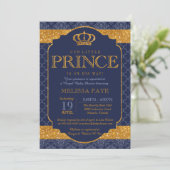 Little Prince Royal Navy Blue Gold Baby Shower Invitation (Standing Front)