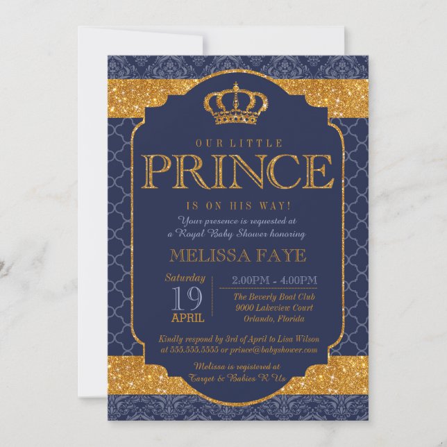 Little Prince Royal Navy Blue Gold Baby Shower Invitation (Front)