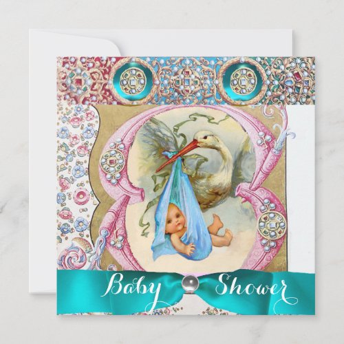 LITTLE PRINCE STORK BABY SHOWERFLORAL GEMSTONES INVITATION