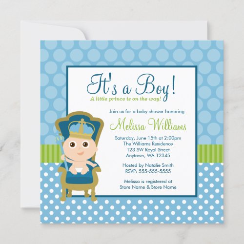Little Prince Throne Polka Dot Boy Baby Shower Invitation