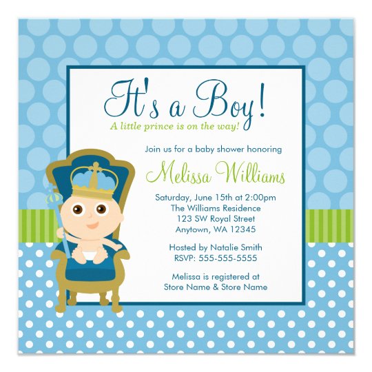Little Prince Throne Polka Dot Boy Baby Shower Invitation