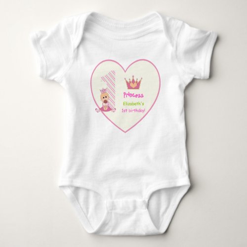 Little princess and crown girls 1st birthday pink baby bodysuit