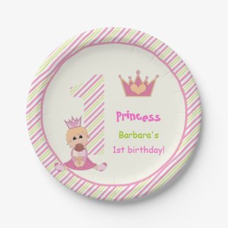 Little princess and crown girls 1st birthday pink paper plate
