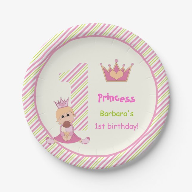 Little princess and crown girls 1st birthday pink paper plates (Front)