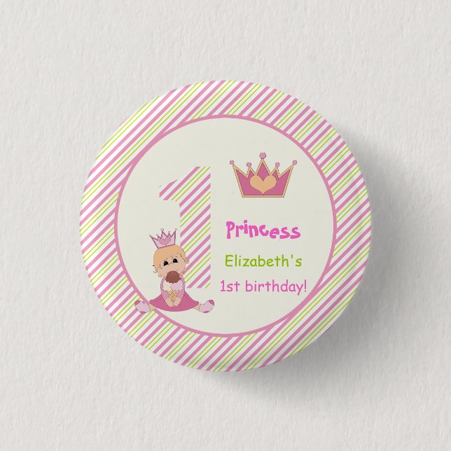 Little princess and crown girls 1st birthday pink pinback button (Front)