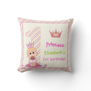 Little princess and crown girls 1st birthday pink throw pillow